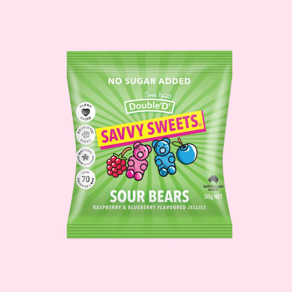 Savvy Sweets Sour Bears 12x50g Raspberry & Blueberry
