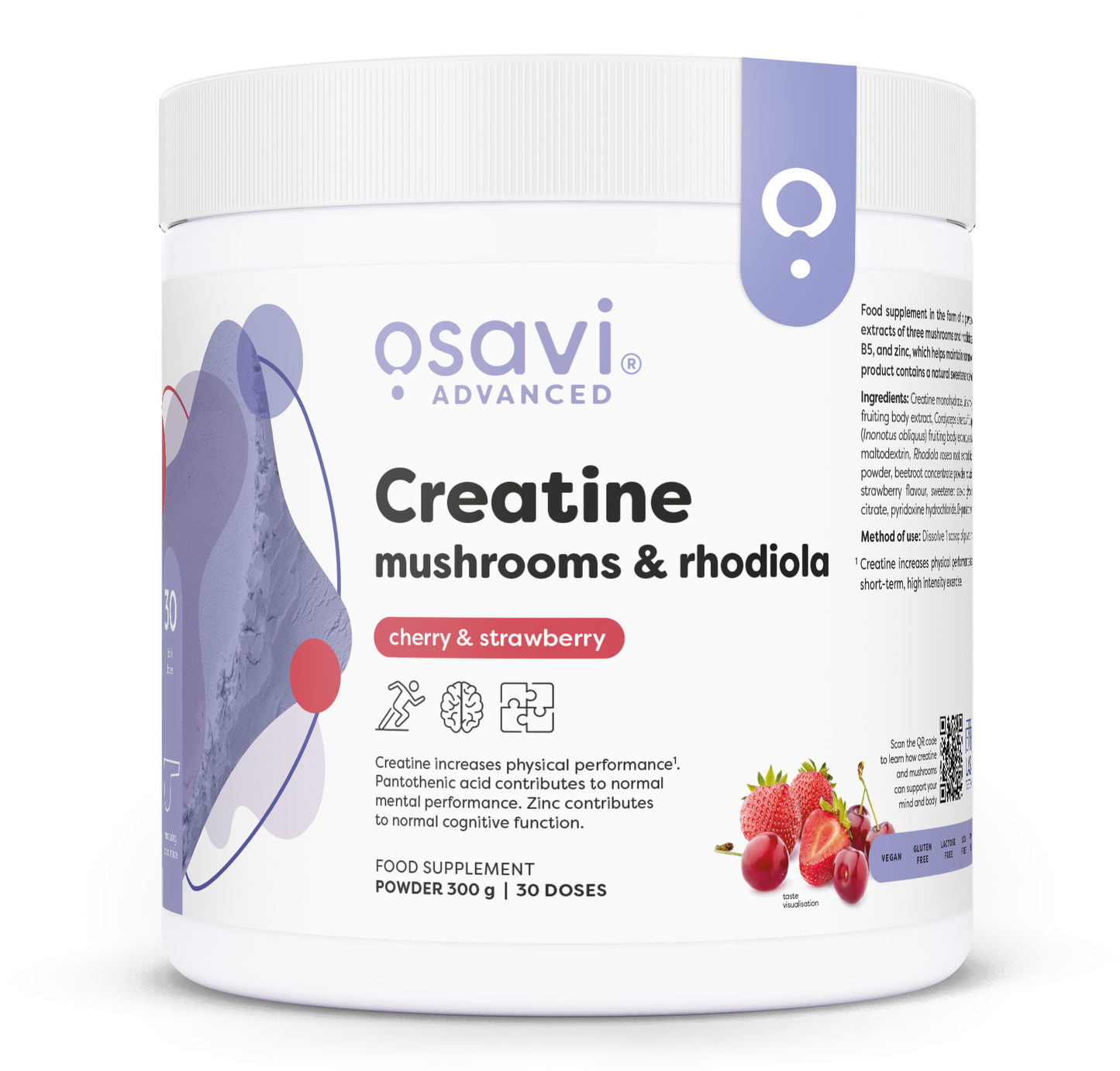 Osavi Creatine Mushrooms and Rhodiola Cherry Strawberry 300g tub