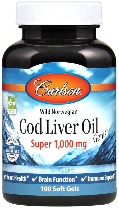 Carlson Labs Wild Norwegian Cod Liver Oil Gems, 1000mg - 100 softg