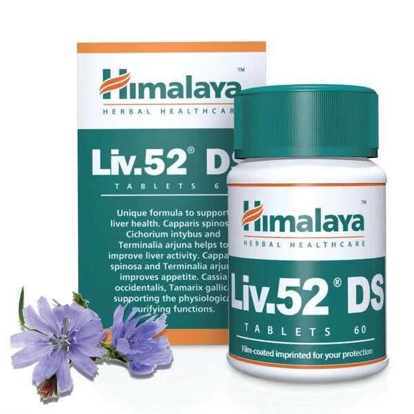 Himalaya Liv.52 DS tablets, white and green bottle shown beside its carton with a chicory flower