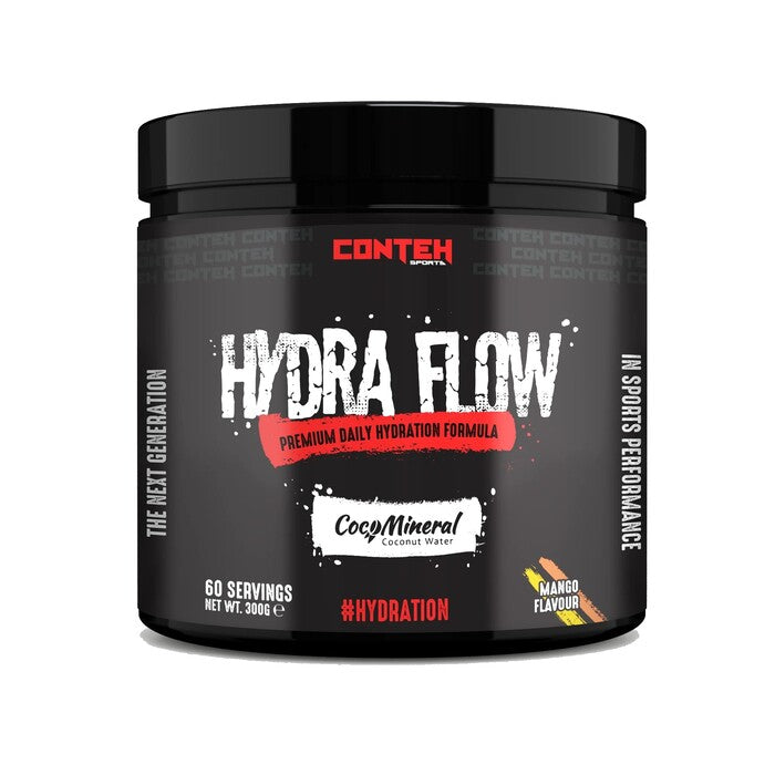 Conteh Sports Hydra Flow hydration powder in a black 300g tub, mango flavour, 60 servings