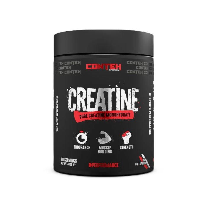 Conteh Sports Creatine pure creatine monohydrate powder in a black 400g tub, unflavoured, 80 servings