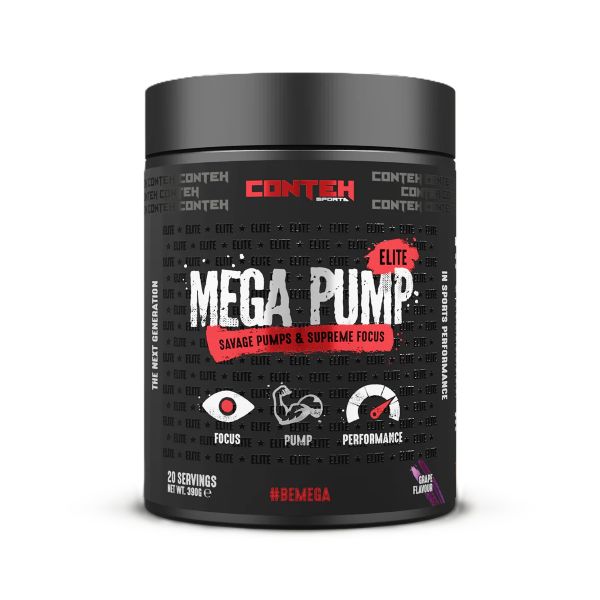 Conteh Sports Mega Pump Elite pre-workout powder in a black 390g tub, grape flavour, 20 servings