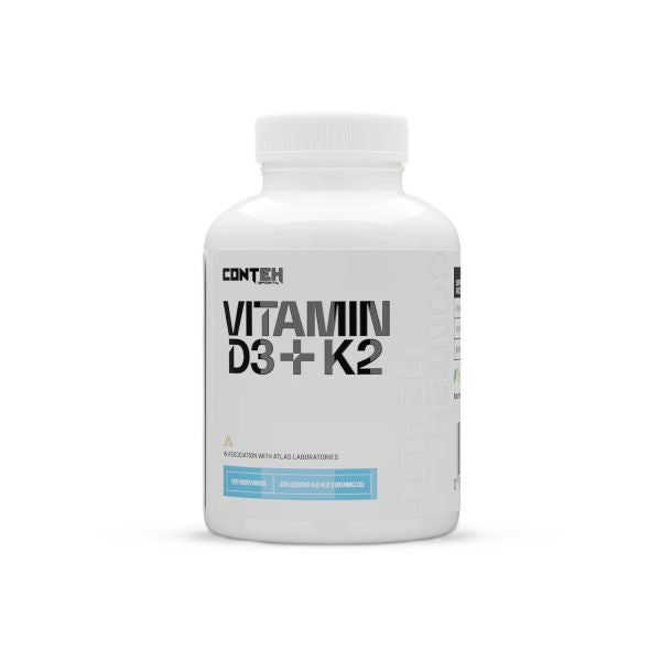 Conteh Sports Vitamin D3 + K2 tablets in a white tub with a blue label panel