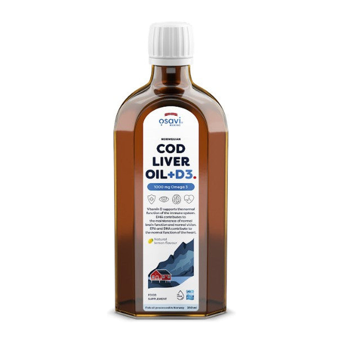 Osavi Norwegian Cod Liver Oil + D3, 1000mg Omega 3 (Lemon) - 250 m