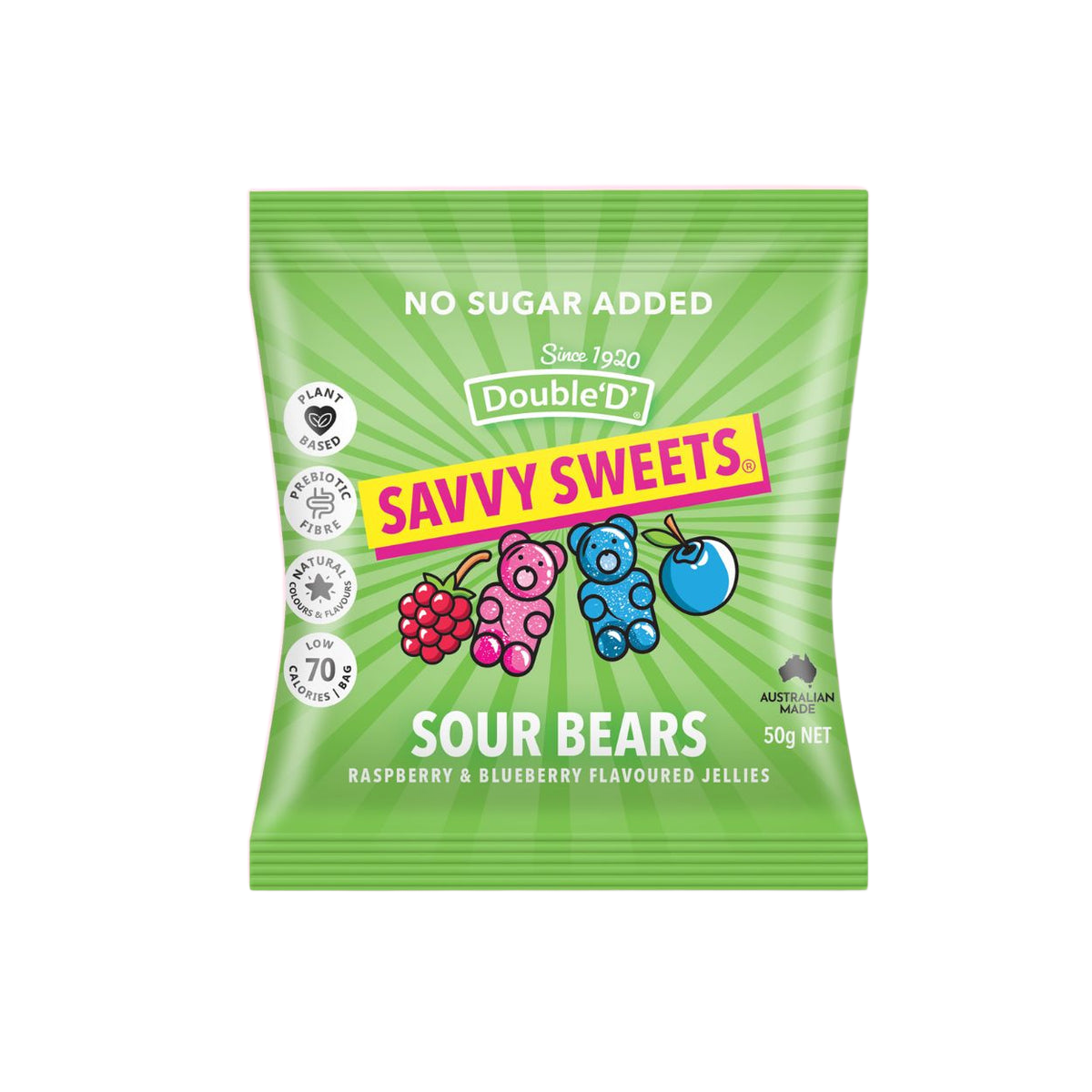 Savvy Sweets Sour Bears 12x50g Raspberry & Blueberry
